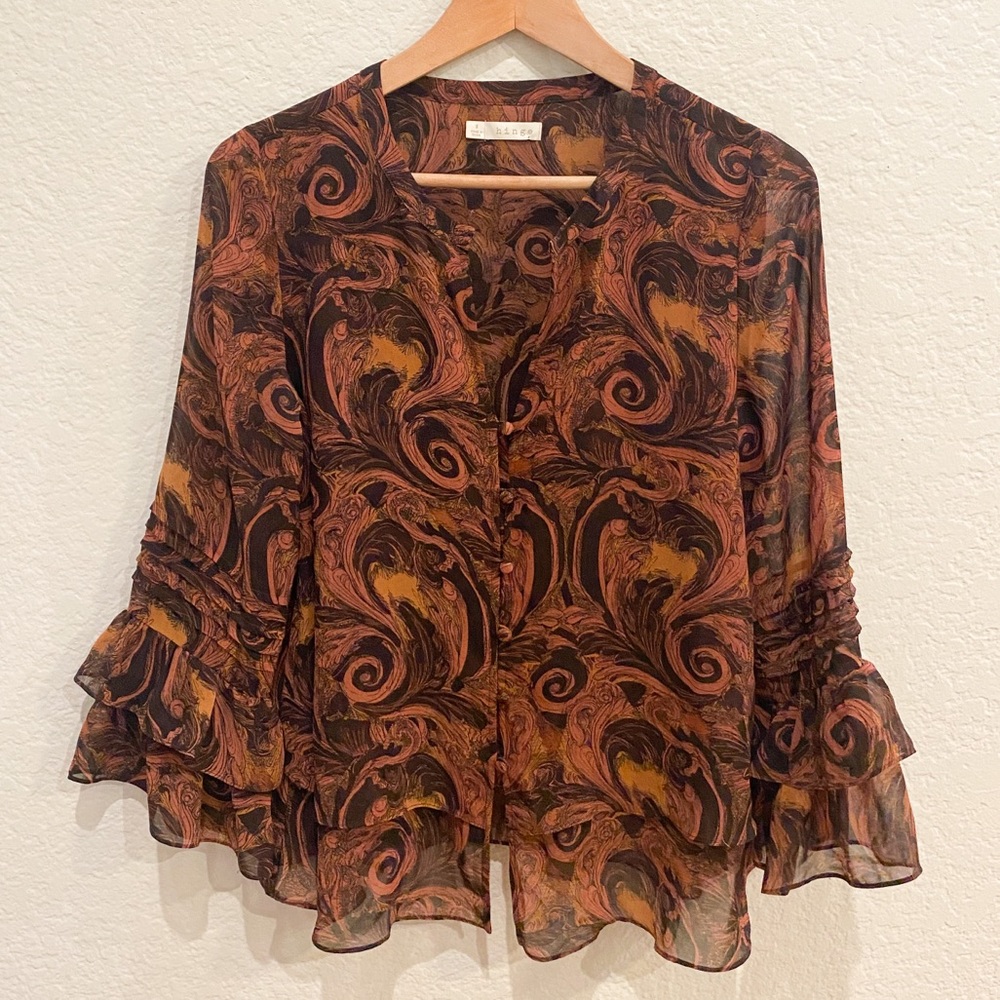 HINGE Bell Sleeve Boho Blouse Buttons, Split neck